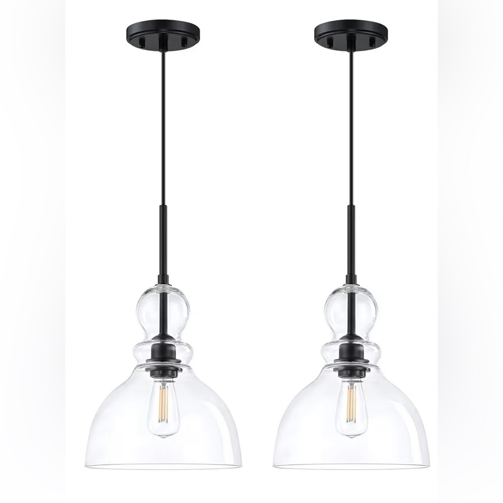 NWT 2 Pack Hanging Island Pendant Light 8.7" Clear Glass Fixtures,Black Finish